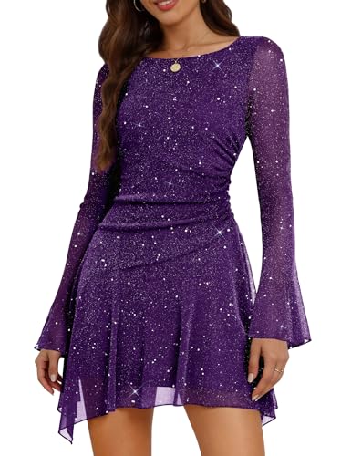 Aupuls Vestido asimétrico de manga larga con lentejuelas para adolescentes, para mujer, para salir, fiesta, cóctel, Púrpura, Large