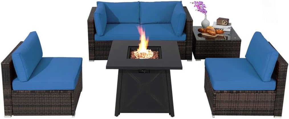 6PCS Patio Rattan Furniture Set 30" Fire Pit Table W/Cover Cushioned Navy