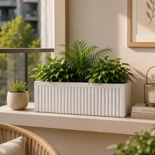 Image of Go Hooked Rectangular Planter Pot (20x9) Inch | Marble White Ribbed Design Plastic Flower Pot for Indoor Outdoor Balcony Garden Window Railing Patio | Polymer Decorative Plant Container