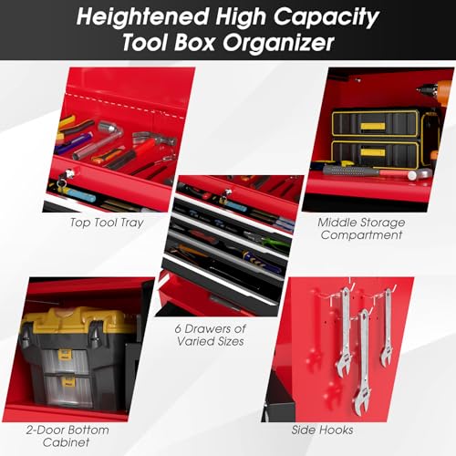 TANGZON Tool Cabinet, 2/3 in 1 Auto-Lockable Rolling Metal Tool Chest with 6 Drawers & Univeral Wheels, Heavy Duty Tool Box Organizer Cart Trolley (3 in 1, Black+Red) 4 TANGZON Tool Cabinet, 2/3 in 1 Auto-Lockable Rolling Metal Tool Chest with 6 Drawers & Univeral Wheels, Heavy Duty Tool Box Organizer Cart Trolley (3 in 1, Black+Red) - Image 4