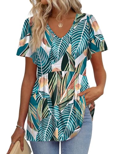 Image of OFEEFAN Womens Summer Tops Babydoll Short Sleeve Shirts Puff Sleeve Peplum Tops V Neck T Shirts