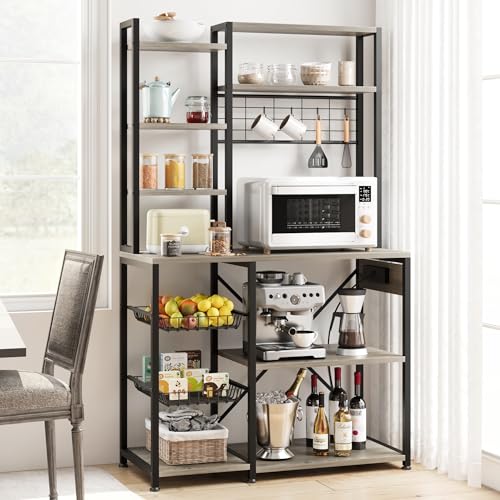Miniatura 2 de Zstar Estante De Almacenamiento De Cocina De Estilo Industrial Con Enchufes Y Ganchos, Múltiples Estantes, Amplio Espacio De Almacenamiento, Barra De Café, Gabinete Para Microondas