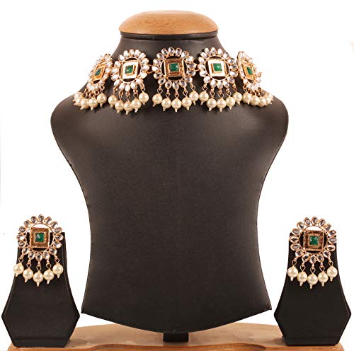 Image of Touchstone Mughal Jali Collection Gold Tone Indian Mughal Bollywood White Diamante Jewelry Choker Set for Women