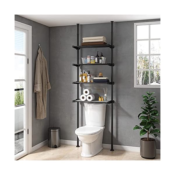 ALLZONE Bathroom Organizer, Over The Toilet Storage, 4-Tier Adjustable Shelves for Small Room, Saver Space, 92 to 116 Inch Tall, Black