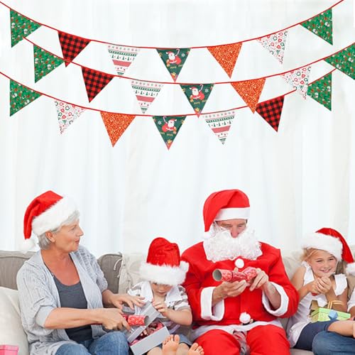 Image of Zwiebeco 32Ft Red Green Christmas Pennant Banner Triangle Flags Fabric Bunting Garland Red-Black Plaid Checkered Cotton Flag for Xmas Birthday Wedding Christmas New Year Party Home Garden Decorations