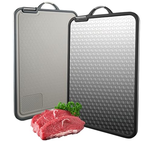 4-in-1 Large Cutting Board for Kitchen Double-Sided Food-Grade 304 Stainless Steel and Wheat Straw with Juice Groove Built-In Grinder and Knife Sharpener Chopping Board 16x12