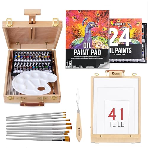 Staffelei mit Ölfarben Set - Malset 41 Teile : 24 Tuben Ölfarbe 3 Leinwand Zum Bemalen 1 Malblock 10 Pinsel 1 Malspachtel 1 Palette 1 Tischstaffelei...