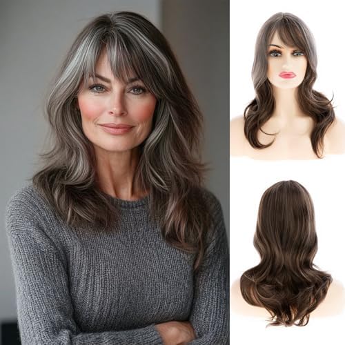 Amazon.com : Matthia Brown Layered Wig with Balayage Highlight Gray ...