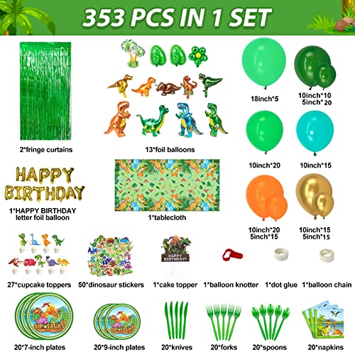 Hjingy 353 Pcs Dinosaur Party Decorations, Dinosaur Birthday Party Supplies For Kids Include Dinosaur Foil Balloons, Happy Birthday Banner, Cake Toppers, Plates,Napkins, Curtains&Customized Tablecloth #TOP2