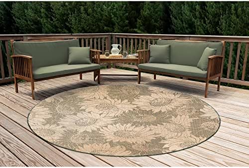 Liora Manne Carmel Indoor/Outdoor Power Loomed Synthetic Blend Low Profile Area Rug - Transitional Botanical Floral Decorative (Sunflower Field Green) (7'10" Round)