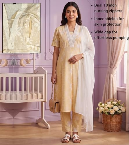 Image of DUMMY SHAPE Maternity Dresses for Women Cotton | Floral Kurta Pant Dupatta Set with Nursing Zippers, Side Pocket | Pre & Post Pregnancy | Feeding Kurti Suit | Baby Shower | Gifts for Pregnant Woman