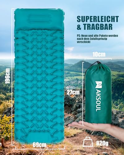 AKSOUL Isomatte Camping Luftmatratze Selbstaufblasend: Ultraleicht Outdoor Groß Aufblasbare Matratze Dick Selbstaufblasbare Schlafmatte Mit Kissen Faltbar Thermo Matte Für Zelt Trekking Strand – Bild 3
