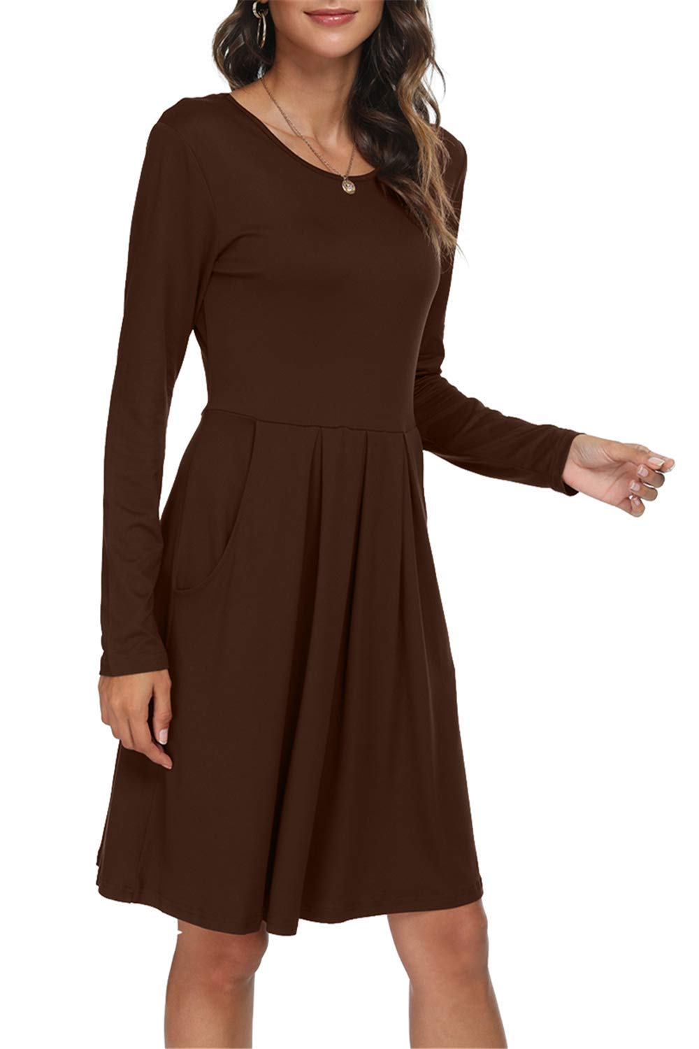 DouBCQWomen's Casual Long Sleeve Flowy Pleated Fall Dresses with Pockets