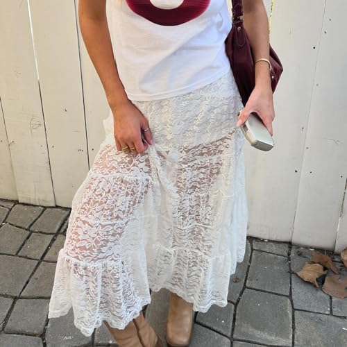 Womens Summer Floral Lace Maxi Skirt Elastic Low Waist Mesh Sheer Patchwork A-Line Beach Party Long Skirts4