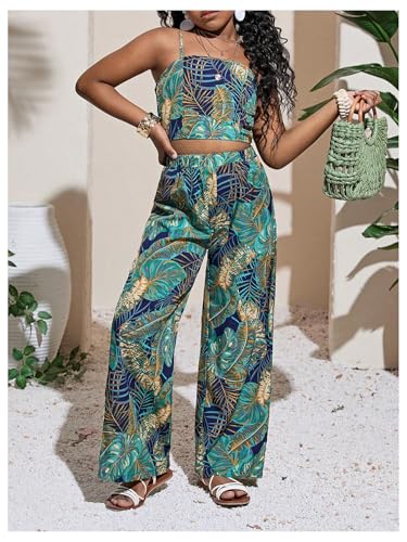 Image of Floerns Girl's 2 Piece Outfit Hawaiian Tropical Crop Cami Tops and Boho Pants Set