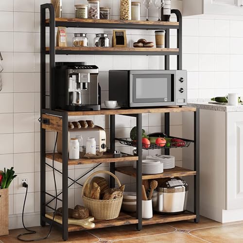 GarveeHome Microwave Stand Bakers Rack with Power Outlet, Kitchen Baker Rack with Wire Basket, 6-Tier Large Freestanding Utility Storage Shelf for Kitchen Dining Living Room, Rustic Brown by GarveeHome - Used condition - Image 2