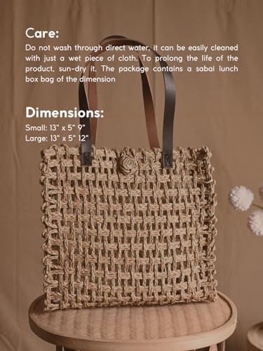 Image of KADAM HAAT Women Handmade Sabai Grass Lunch Bag with Leather Handle, Dry Grass Tiffin Bag for Lunch and Bottle for Office & School Eco-Friendly, Handcrafted (Beige)