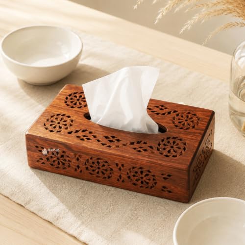 Image of Wooden Tissue Box| Rosewood Napkin Box| Tissue Holder Organizer for Table, Home, Office, Car| Rectangular Facial Paper Cloth Storage Case| Dispenser (9X5 Inches, Carvion)