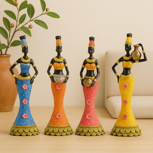 Image of Xtore Vibrant African Women Figurines | Resin Home Decor Accents | Set of 4 Colorful Cultural Statues | Unique Art Pieces for Living Room, Office, or Gift | Traditional and Modern Design
