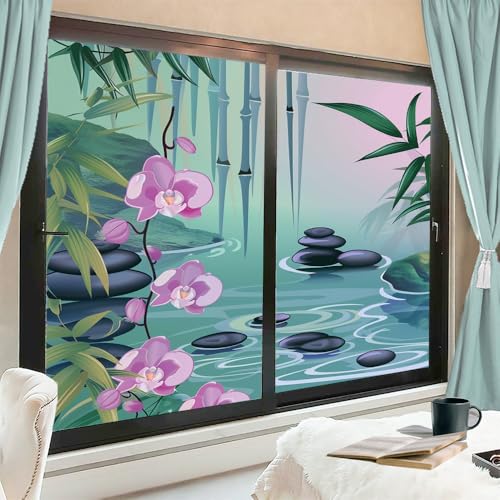Moderne Orchideen-Fenster-Sichtschutzfolie, statisch haftend, ruhig, Teich,...