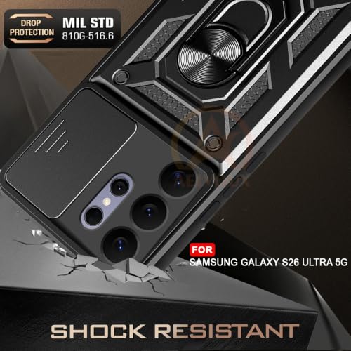 Image of Armor Bumper Back Cover Case for Samsung Galaxy S26 Ultra 5G Rotating Camera Cover, Ring Holder & Kickstand | Heavy Duty & 360 Degree Protection Back Cover (Black)