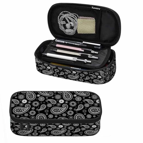 Image of Black Paisley Pencil Case Traditional Ethnic Flower Dots Pattern Pencil Bag Pen Markers Pouch Holder Organizer for Boy Girl School Students