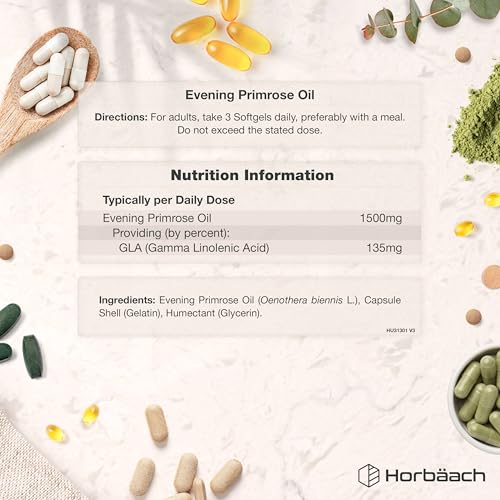Evening Primrose Oil 1500mg | High Strength with Omega 6 and GLA | Cold-Pressed | 120 Softgel Capsules | by Horbaach - Image 2