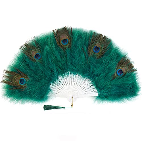 BABEYOND Marabou Feather Fan 20s Vintage Folding Fan Flapper Hand Fan for Costume Dancing Show Tea Party Wedding Decoration (Peacock Dark Green)