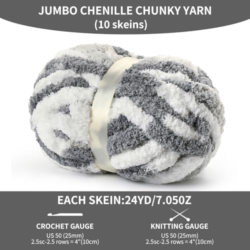 Image of 10 Pack Jumbo Chunky Yarn for Hand Knitting, Fluffy Variegated Chunky Chenille Yarn for Crocheting, 240yds /70.5oz Super Bulky Soft Crochet Baby Blanket Yarn(White- Grey)