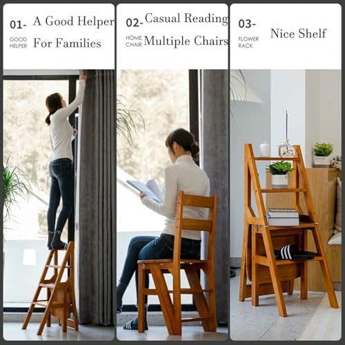 Escalera silla madera CNPRAZ convertible en taburete plegable y estantería multifunción 6