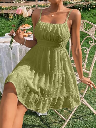 Image of Floerns Women's Swiss Dots Sleeveless Ruched Bust Ruffle Hem Cami Short Dress