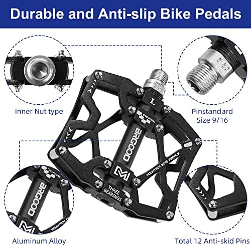 BRGOOD Mountain Bike Pedals, MTB Pedals, Bike Pedals Aluminum Alloy Spindle 9/16Inch with Stable 3 Sealed Bearing Anti-skid Mountain Bike Flat Pedals for MTB BMX Bike & Folding Bike