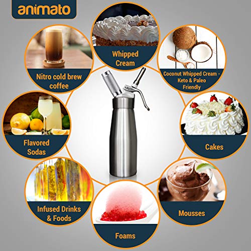Animato Whipped Cream Chargers Dispenser - Nitro Cold Brew Coffee Maker Whipping Siphon. Leakproof Stainless Steel Decorating Tips with Bonus Cleaning Brushes, Recipe eBook. Aluminum 1 Pint Silver