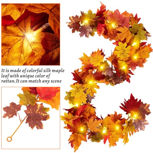 Image of Fall Maple Leaf Garland with Yellow Lights, 2PCS Thanksgiving Artificial Hanging Fall Leave Vines with 20 LED, Yellow Floral Garlands Halloween Autumn Decor for Home Wedding Party (11.8FT)