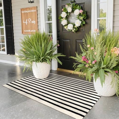 Collive Black and White Outdoor Rug Door Mat 24"x 51",