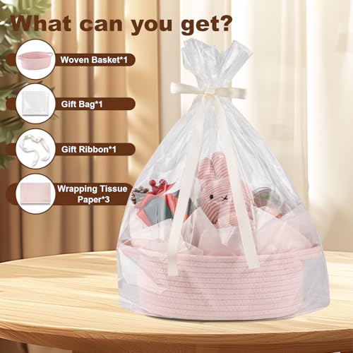 Image of OIAHOMY Gift Basket with Handle, Small Woven Basket with Gift Bag, Ribbon and Wrap Tissue Paper, Nursery Bins Empty to Fill with Small Items, Baby, Pet Toy Organizer - Pink