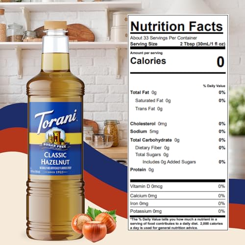 Image of Torani Sugar Free Classic Hazelnut Syrup 1L Bottle - Keto, Zero Sugar