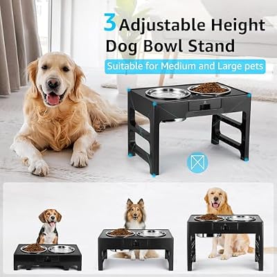 Elevated Dog Bowls, Stainless Steel Raised Dog Deep Bowl with Adjustable Stand, Double Dog Food and Water Bowl for Medium Large Dogs, 3 Heights 3.9, 7.8, 11.8
