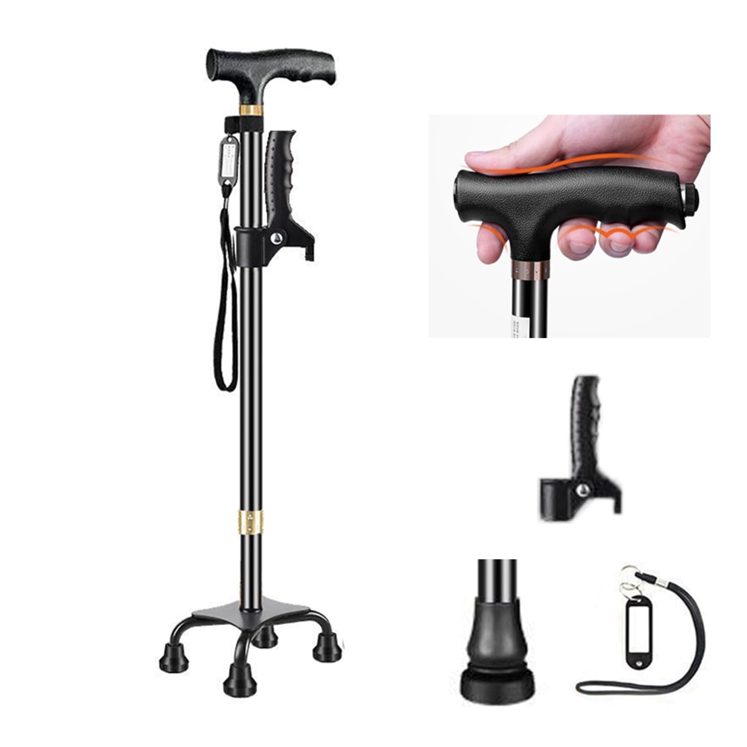 Vierfuß Spazierstock Gehstock,Gehstock mit Ergonomischem Griff und Anmutiger 4-Zinken-Basis,10 Stufen 72-94 cm,Höhenverstellbar,mit kleinen Armlehnen,Für Rechts- Oder Linkshänder und Senioren