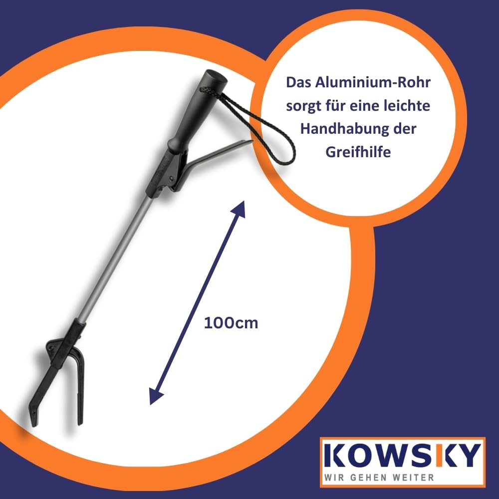 Kowsky Greifhilfe - Greifzange für Senioren - 100 CM - aus Aluminium - Greifer mit Magnet - Anti-Rutsch Greifarm - Handgreifer mit Handschlaufe - robust & stabil - schwarz