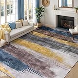 Ciicool Modern Abstract Yellow Grey Rug for Living Room, 8'x10' Machine Washable Area Rug Non-Slip Rug, Low-Pile Contemporary Indoor Dining Floor Carpet for Bedroom Office Under Table Home Decor