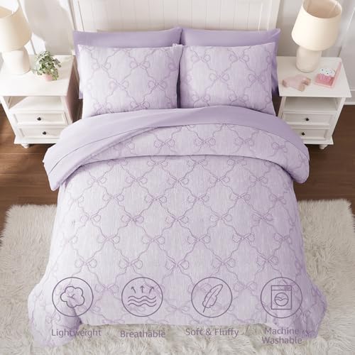 Image of Full Size Comforter Sets with Sheets for Girls-7 Pieces Bow Bed in A Bag | Soft Jacquard Full Size Bedding Sets with Light Purple Comforter, Pillowcases & Shams, 76 inch X 86 inch