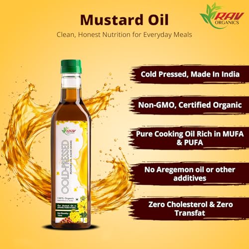 Image of Rav Organics Certified Organic Cold Pressed Mustard Oil - 1 Litre Each (Pack of 2) | Total 2 Litres + 500 ml Free | Pure Cooking Oil Rich in MUFA & PUFA - Omega 3| Sarson Oil for Traditional Indian Flavor for Tadka & Pickle, Kachi Ghani, No Argemone oil | Clean Lable Food - Full of Nutrients
