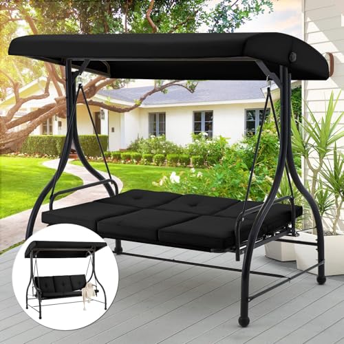 UNIONLINE 3 Seater Garden Swing Seat Bed, Convertible Outdoor Hammock Bench Chair with Adjustable Canopy & Cushion, Steel Frame Porch Swing Chair Lounger for For Garden/Balcony/Terrace/Patio(Black)