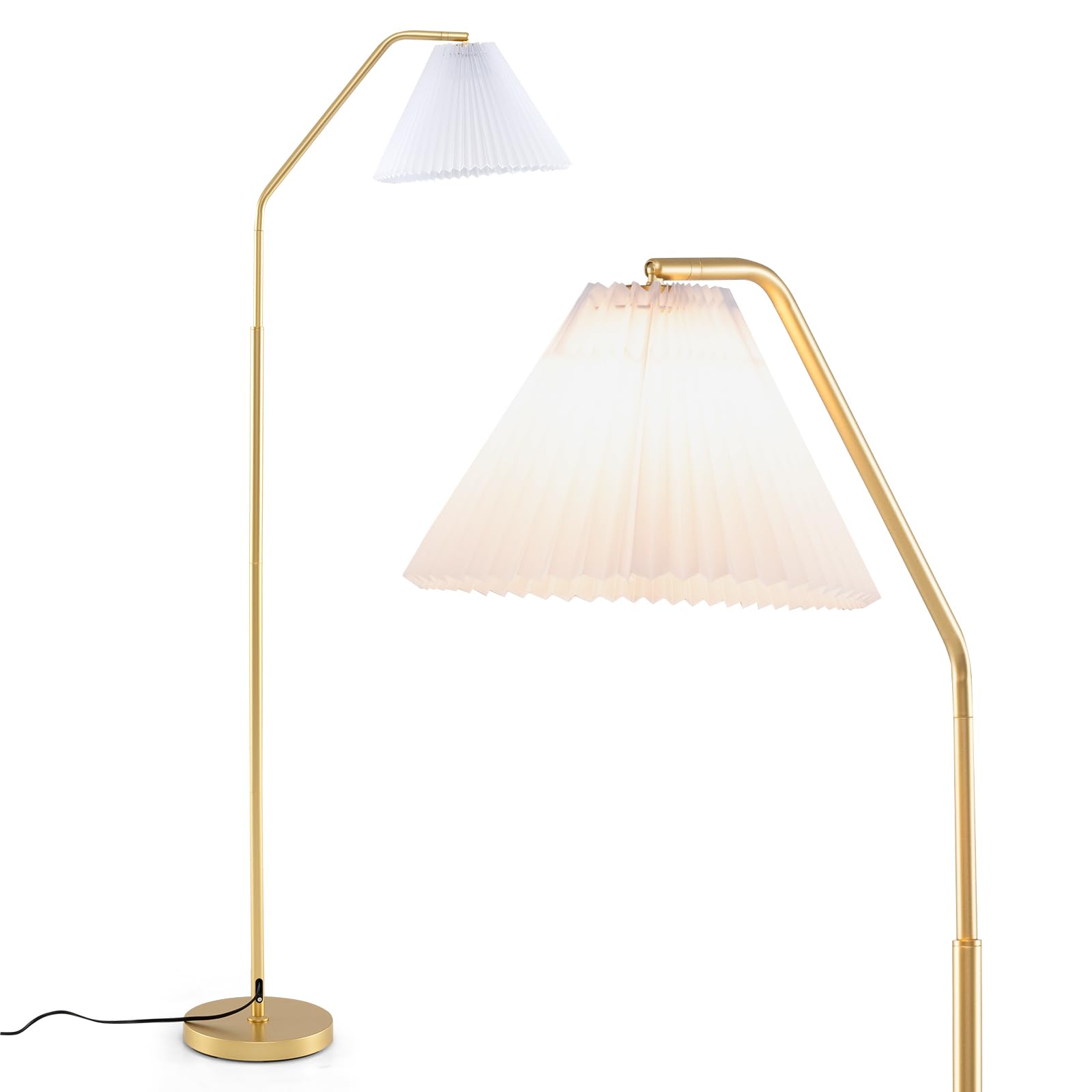 COSTWAY Lampada da Terra ad Arco con Paralume e Testa Regolabile | Piantana da Terra con Interruttore a Pedale e Presa E27, Moderna per Salotto, Soggiorno e Ufficio, Oro e Bianco