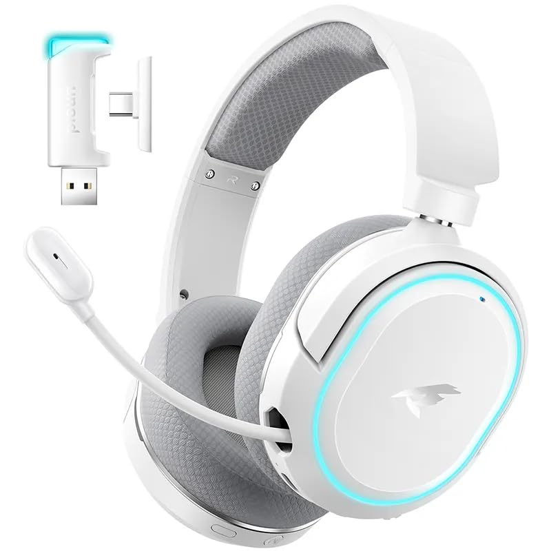 Picun G2 Wireless Gaming Headset 7.1 Surround Sound 2.4GHz USB Gaming Headphones with Bluetooth 5.4 100H Battery ENC Noise Canceling Mic RGB Wireless Headset for PC PS5 PS4 Mac Switch White