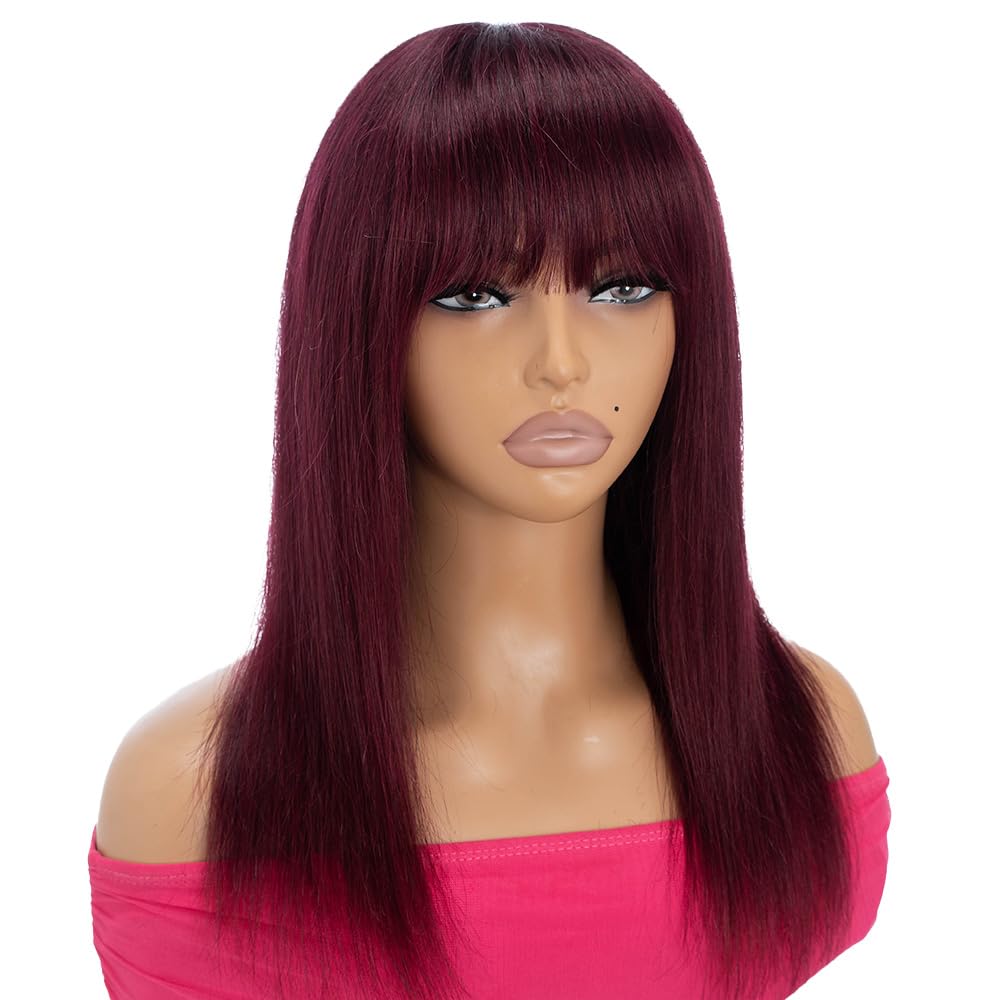 Rebecca Fashion 99J Burgundy Straight Wig with Bangs Human Hair Silky Straight Bang Wig Glueless Minimalist 2.75x1 Lace Scalp Wig for Women Glueless