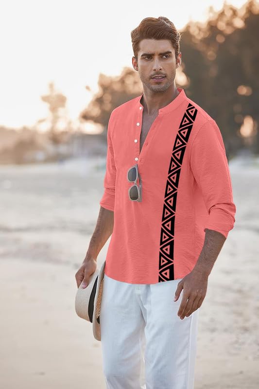Image of FINIVO FASHION Men's Short Kurta with Printed Geometric Side Panel | Cotton Blend Full Sleeve Ethnic Topwear with Mandarin Collar | Stylish Indo-Fusion Kurta for Daily, Festive, or Casual Wear