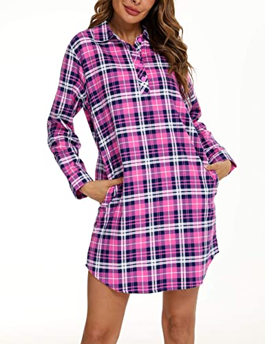 ENJOYNIGHT-Damen-Flanell-Nachthemd-100-Baumwolle-Schlafshirt-Langarm-Nachtkleid-mit-Taschen