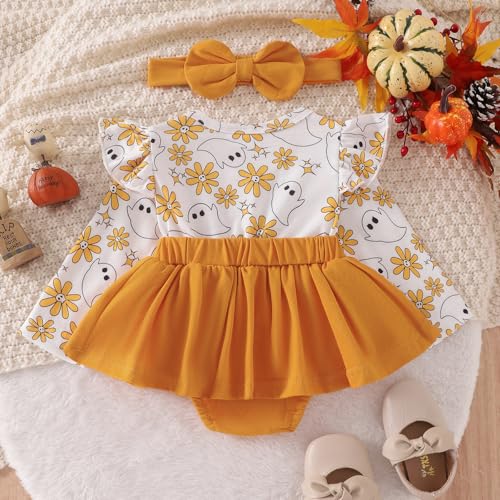 Infant Baby Girl Romper Dress Halloween Thanksgiving Christmas Outfit Cute Ruffle Long Sleeve Bodysuit Jumpsuits(Yellow,9-12 Months)4